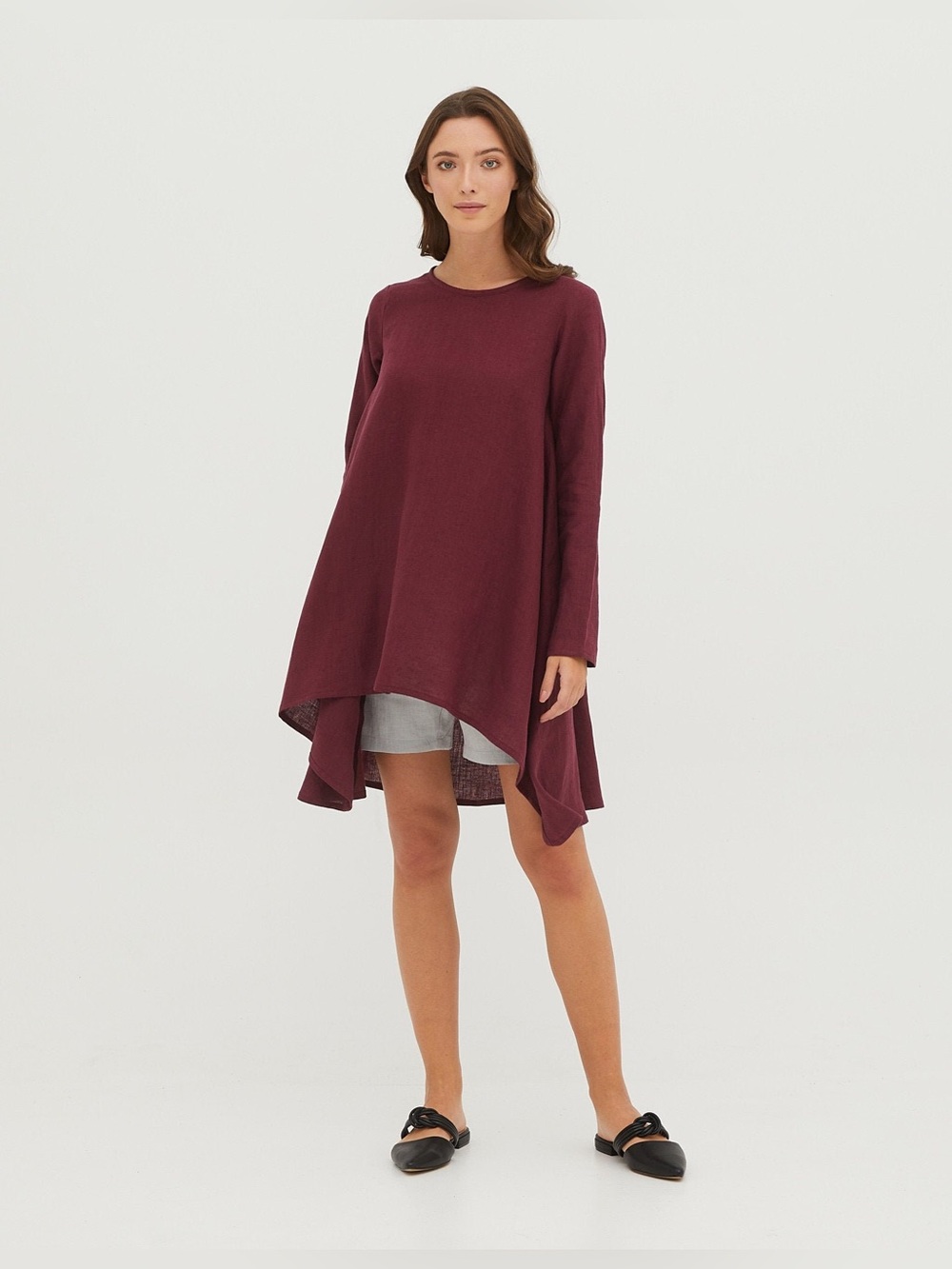 Handmade Relaxed Asymmetric linen Tunic Top - Burgundy